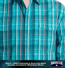 画像3: パンハンドルスリム ウエスタンシャツ・ターコイズ xブラック 大きいサイズ（長袖）L（身幅61cm）XL（身幅65cm）/Panhandle Slim Long Sleeve Western Shirt(Turquoise/Black) (3)