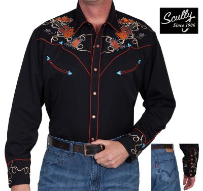 画像1: スカリー ウエスタン 刺繍 シャツ（長袖 ブラック ギター・ハット・ブーツ）/Scully Long Sleeve Embroidered Western Shirt(Men's)