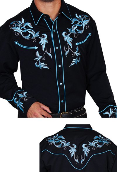 画像1: スカリー 刺繍 ウエスタン シャツ（長袖/ブラック・ブルーフローラル）/Scully Long Sleeve Embroidered Western Shirt(Men's)