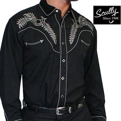 画像1: スカリー ブーツステッチ 刺繍 ウエスタン シャツ（長袖/ブラック・シルバーグレー）L（身幅63cm）/Scully Long Sleeve Boot Stitch Embroidered Western Shirt(Black)