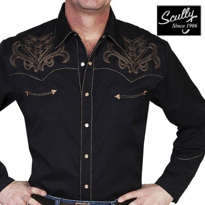 画像1: スカリー ウエスタン刺繍シャツ アローブーツステッチ（長袖/ブラック）大きいサイズ L（身幅約63cm）/Scully Long Sleeve Embroidered Western Shirt(Men's)