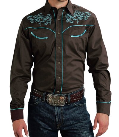 画像1: ローパー 刺繍 ウエスタン  シャツ（長袖/ブラウン・ターコイズ）大きいサイズ L（身幅約60cm）/Roper Long Sleeve Embroidered Western Shirt(Brown/Turquoise)
