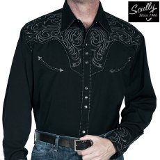 画像1: スカリー ウエスタン 刺繍 シャツ（長袖/ブラック・スクロールチャコール）大きいサイズ L（身幅約63cm）/Scully Long Sleeve Embroidered Scroll Western Shirt(Men's) (1)