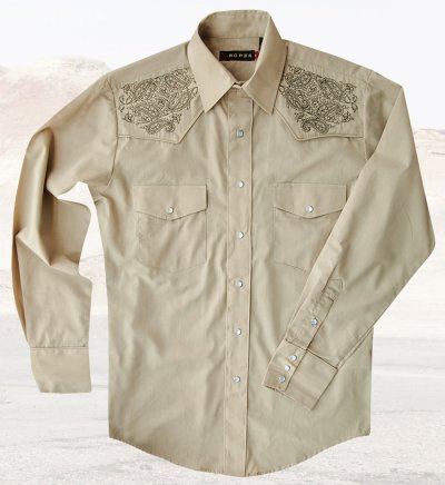 画像1: ローパー 刺繍 ウエスタンシャツ タン（長袖）大きいサイズ L（身幅約61cm）/Roper Long Sleeve Western Shirt