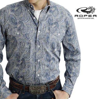 画像1: ローパー ペイズリー シャツ（長袖/ブルー・タン）大きいサイズ M（身幅60cm）L（身幅65cm）/Roper Paisley Shirt(Blue/Tan)