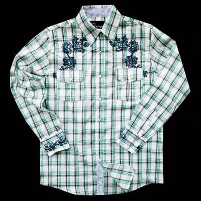 画像1: ウエスタン 刺繍 シャツ（長袖/ホワイト・グラス）大きいサイズ L（身幅約62cm）/Long Sleeve Embroidered Western Shirt(White/Grass Plaid)