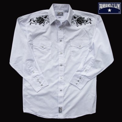 画像1: パンハンドルスリム 刺繍 ウエスタンシャツ（ホワイト ブラック/長袖）大きいサイズ L（身幅約64cm）/Panhandle Slim Long Sleeve Western Shirt