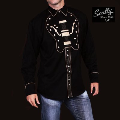 画像1: スカリー ウエスタン 刺繍 シャツ ギター（長袖/ブラック）S（身幅約55cm）XL（身幅約67cm）/Scully Long Sleeve Embroidered Western Shirt