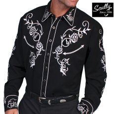 画像1: スカリー 刺繍 ウエスタン シャツ（長袖/ブラック・シルバーホワイト）/Scully Long Sleeve Embroidered Western Shirt (1)