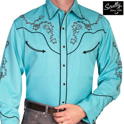 画像1: スカリー ウエスタン 刺繍 シャツ（長袖/ターコイズ）大きいサイズ L（身幅約63cm）XL（身幅約66cm）/Scully Long Sleeve Embroidered Western Shirt(Turquoise)