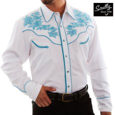 画像1: スカリー ターコイズ ローズ刺繍 ウエスタンシャツ（長袖/ホワイト）大きいサイズ L（身幅約64cm）/Scully Long Sleeve Embroidered Western Shirt(Men's) (1)