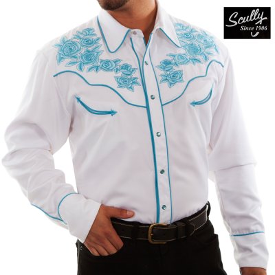 画像1: スカリー ターコイズ ローズ刺繍 ウエスタンシャツ（長袖/ホワイト）大きいサイズ L（身幅約64cm）/Scully Long Sleeve Embroidered Western Shirt(Men's)
