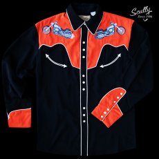画像1: スカリー モーターサイクル 刺繍 ウエスタン シャツ（長袖/ブラック・オレンジ）S/Scully Long Sleeve Embroidered Western Shirt Black/Orange(Men's) (1)
