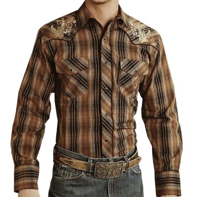 画像1: ローパー 刺繍&メタリック ウエスタンシャツ（長袖/ブラウン・ターコイズ）大きいサイズ XL（身幅約64cm）/Roper Long Sleeve Embroidered Western Shirt(Brown)