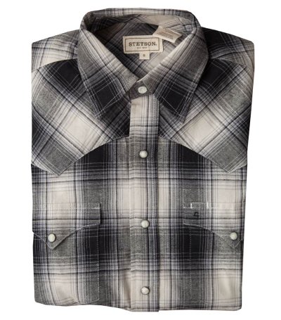 画像1: ステットソン フランネル ウエスタンシャツ（グレー・ブラック/長袖）大きいサイズ L（身幅約59cm）/Stetson Flannel Long Sleeve Western Shirt(Grey/Black Plaid)