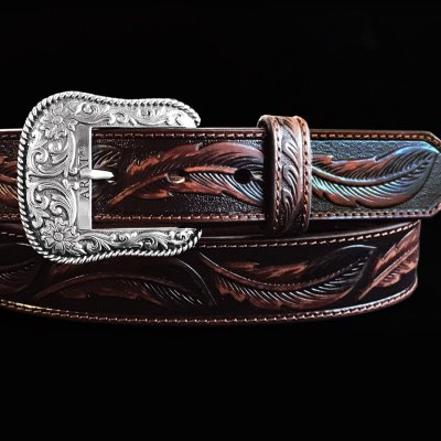 画像1: アリアット リーフ&フラワー・スクロール ウエスタン レザーベルト（ブラウン）/Ariat Embossed Leaf Design Western Leather Belt(Brown)