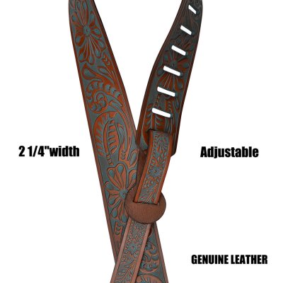 画像2: ギター ストラップ ベース ストラップ レザー製 アメリカ輸入品（ターコイズカラーウオッシュインレイ・ブラウンフローラルデザイン）/Guitar&Bass Hand Tooled Leather Strap(Brown Floral Design/Turquoise Wash Inlay)