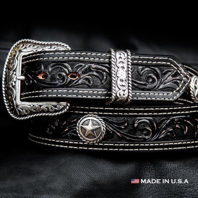 画像1: ノコナ ウエスタンスターコンチョ フローラル レザーベルト（ブラック）/Nocona Western Belt(Black)