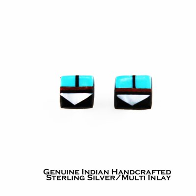 画像1: ズニ マルチ インレイ&スターリングシルバー ピアス/Zuni Handmade Sterling Silver Multi Inlay Pierce