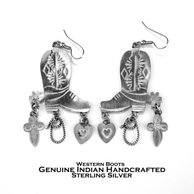 画像1: ウエスタンブーツ ピアス アメリカ ナバホ族 ハンドメイド スタンプワーク 925 シルバー ジュエリー/Navajo Native American Western Boots Sterling Silver Earrings