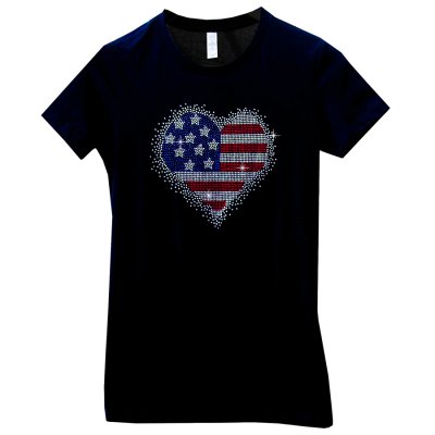 画像1: カウガール アメリカンハート ラインストーン ウエスタン Tシャツ ブラック（半袖）/Women's Western T-shirt