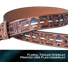 画像3: アメリカンフラッグ フローラル ツールド オーバーレイ ウエスタン レザー ベルト（ブラウン）/ Genuine Leather Belt(Tan) (3)