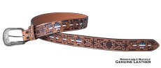 画像2: アメリカンフラッグ フローラル ツールド オーバーレイ ウエスタン レザー ベルト（ブラウン）/ Genuine Leather Belt(Tan) (2)