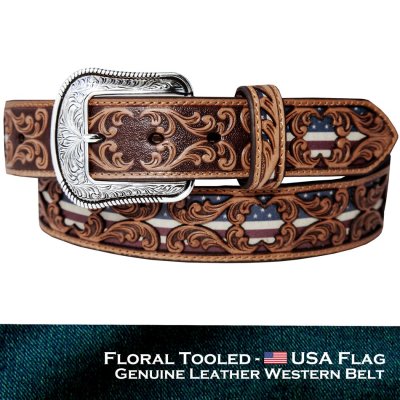画像1: アメリカンフラッグ フローラル ツールド オーバーレイ ウエスタン レザー ベルト（ブラウン）/ Genuine Leather Belt(Tan)