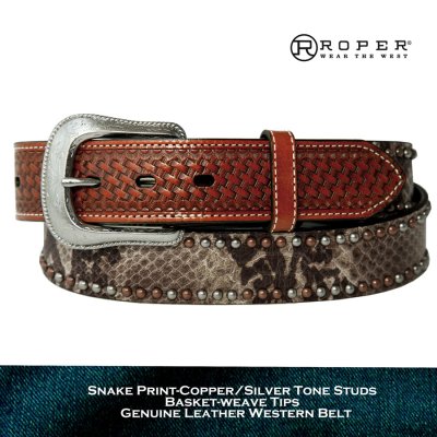 画像1: ローパー スネークプリント バスケット ウエスタン レザーベルト（ブラウン）/Roper Snake Print Western Leather Belt (Brown)