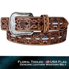 画像1: アメリカンフラッグ フローラル ツールド オーバーレイ ウエスタン レザー ベルト（ブラウン）/ Genuine Leather Belt(Tan) (1)
