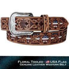 画像1: アメリカンフラッグ フローラル ツールド オーバーレイ ウエスタン レザー ベルト（ブラウン）/ Genuine Leather Belt(Tan) (1)