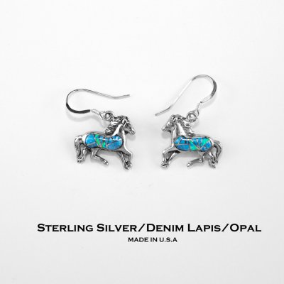 画像1: アメリカン ジュエリー ホース 馬 スターリングシルバー デニムラピス&オパール ピアス/Horse Sterling Silver Denim Lapis Earrings