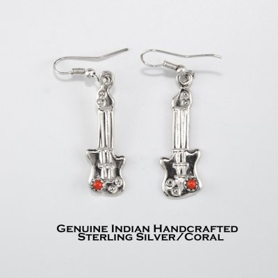 画像1: ギター ピアス ベース ピアス 925シルバー&コーラル アメリカインディアン ナバホ族作/Native American Navajo Sterling Silver Coral Guitar Earrings