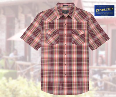 画像1: ペンドルトン 半袖 ウエスタン シャツ マルーン・グリーンS/Pendleton Shortsleeve Western Shirt