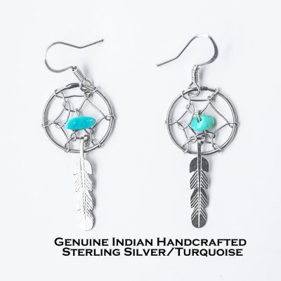 画像1: ナバホ インディアンハンドメイド スターリングシルバー・ターコイズ・ドリームキャッチャー ピアス/Navajo Sterling Silver Earrings