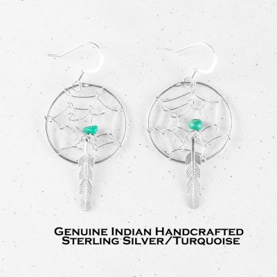 画像1: ナバホ インディアン ハンドメイド スターリングシルバー・ターコイズ・ドリームキャッチャー ピアス/Navajo Sterling Silver Earrings