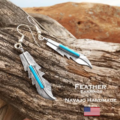 画像1: フェザー ピアス アメリカ インディアン ナバホ族作 925シルバー&ターコイズ/Native American Navajo Sterling Silver Turquoise Feather Earrings