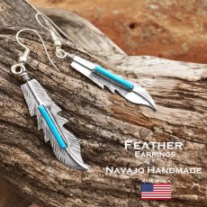 画像1: フェザー ピアス アメリカ インディアン ナバホ族作 925シルバー&ターコイズ/Native American Navajo Sterling Silver Turquoise Feather Earrings (1)