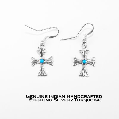 画像1: ネイティブアメリカン ナバホ族  クロス ターコイズ スターリングシルバー ピアス/Native American Navajo Turquoise Sterling Silver Cross Earrings