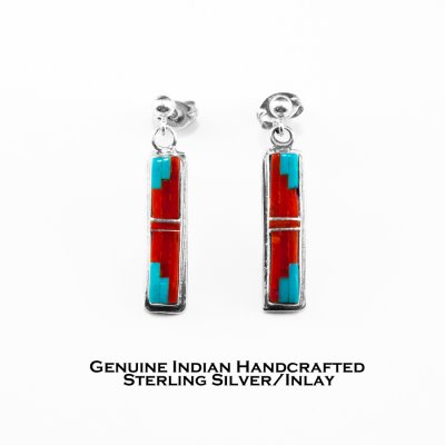 画像1: アメリカ インディアン ズニ族 サウスウエスト ターコイズ コーラル スターリングシルバー インレイ ピアス/Native American Zuni Coral Turquoise Sterling Silver Inlay Earrings