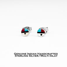 画像1: アメリカ インディアン ズニ族 サンフェイス マルチインレイ&スターリングシルバー ピアス/Zuni Handmade Sterling Silver Multi Inlay Earrings Sun Face (1)