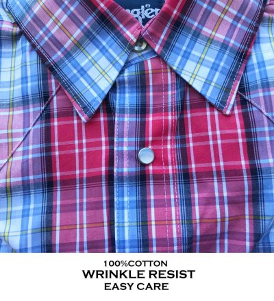 画像1: ラングラー イージーケア 半袖 ウエスタンシャツ ブルー・レッド・ホワイト S/Wrangler Wrinkle Resist Short Sleeve Western Shirt
