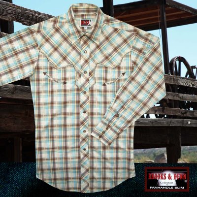 画像1: パンハンドルスリム 刺繍 トリミング ウエスタンシャツ ストーン・ブラウン・ターコイズ（長袖）大きいサイズもあり/Panhandle Slim Long Sleeve Western Shirt