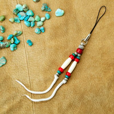 画像1: スターリングシルバー ボーン ターコイズ&ディアスキン オールドビーズ ストラップ（ナチュラル）/Strap