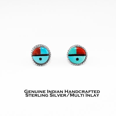画像1: ズニ サンフェイス マルチインレイ&スターリングシルバー ピアス/Zuni Handmade Sterling Silver Multi Inlay Earrings Sun Face
