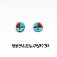 画像1: ズニ サンフェイス マルチインレイ&スターリングシルバー ピアス/Zuni Handmade Sterling Silver Multi Inlay Earrings Sun Face (1)