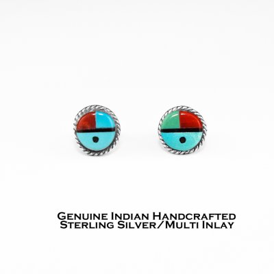 画像1: サンフェイス ズニ マルチインレイ&スターリングシルバー ピアス/Zuni Handmade Sterling Silver Multi Inlay Earrings Sun Face