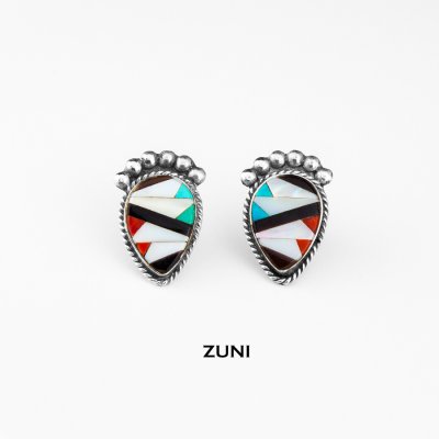 画像2: ズニ マルチインレイ&スターリングシルバー ピアス/Zuni Handmade Sterling Silver Multi Inlay Earrings