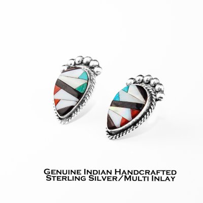 画像1: ズニ マルチインレイ&スターリングシルバー ピアス/Zuni Handmade Sterling Silver Multi Inlay Earrings