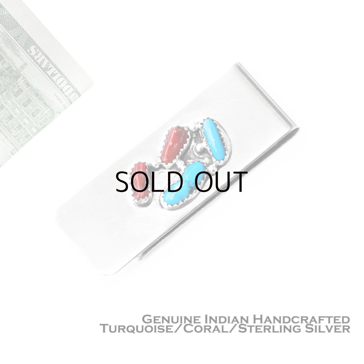 画像1: アメリカインディアン ナバホ族 ターコイズ コーラル 925シルバーマネークリップ/Navajo Sterling Silver Money Clip (1)